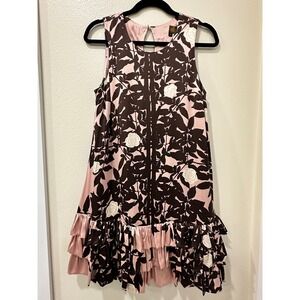 Plenty Frock by Tracy Reese Silk Mini Dress Brown Pink Rose Floral Ruffle Size M
